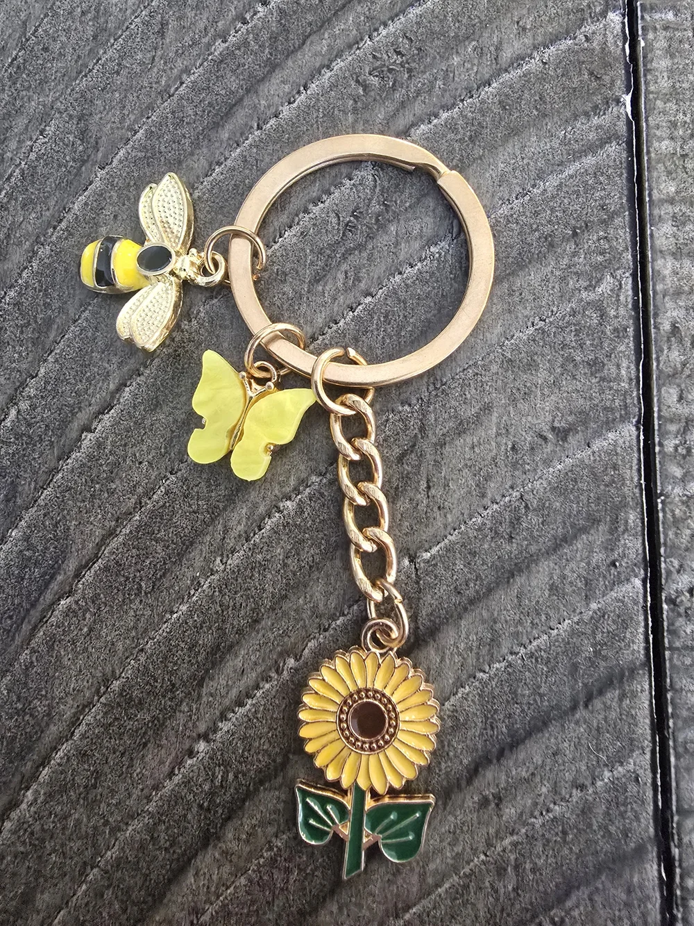 Cheerful Sunflower Keychain with Bee & Butterfly Charms, New without Tags